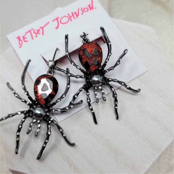 Betsey Johnson Large Spider Rhinestone Earrings - Picture 5 of 9